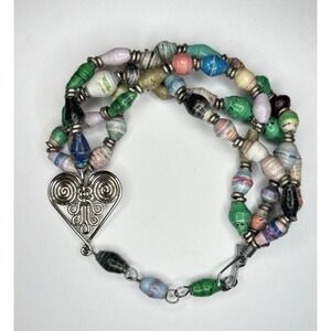 Uganda/Kenya Artisans Hand Rolled Paper Beaded Wire Heart Charm Bracelet
